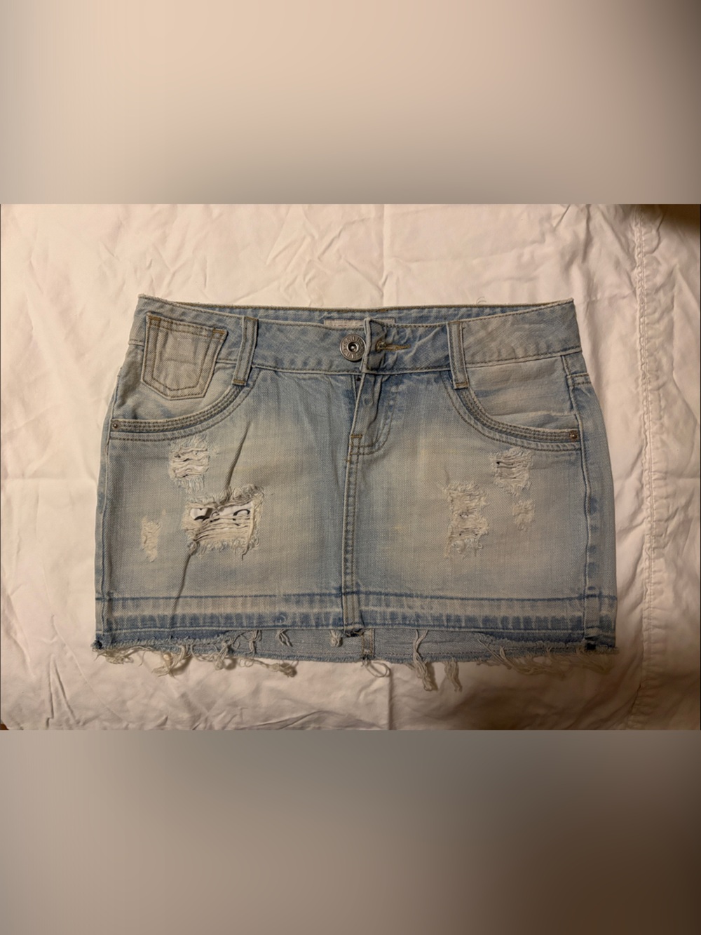 Guess Distressed Denim Mini Skirt - Light Blue Frayed Hem with Black Tights